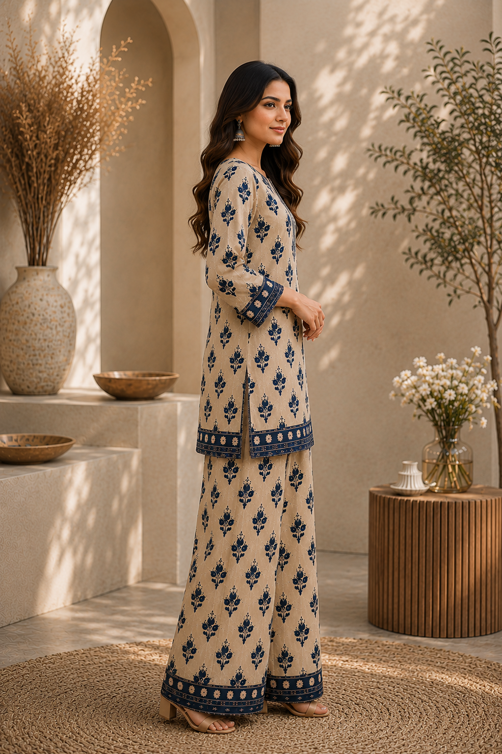 Saiyaraa Women's Beige & Navy Blue Printed Cotton Co-Ord Set | Straight Kurti with Palazzo | Soft Ethnic Lounge Wear