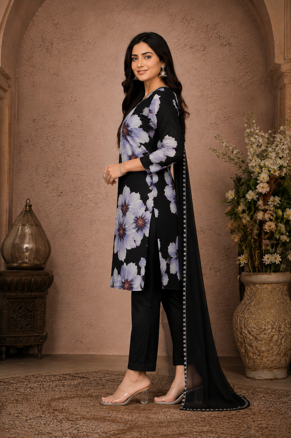 Women's Black Floral Printed Kurta Pant Set with Dupatta | Elegant Straight Kurta & Trouser Set