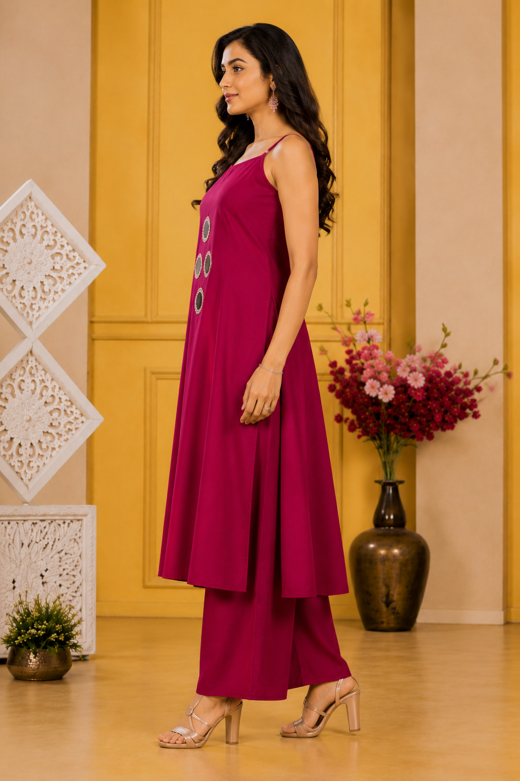Women's Wine A-Line Kurta Palazzo Set with Mirror Work | Sleeveless Flared Kurta & Palazzo Co-Ord Set