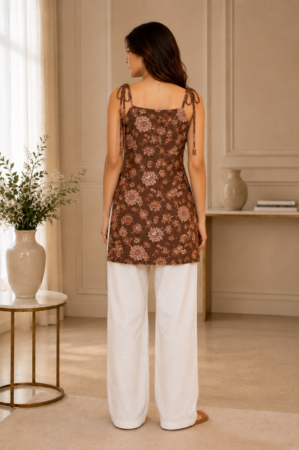 Saiyaraa Women's Brown Floral Printed Tie-Up Strap Cotton Camisole Top | Sleeveless Casual Summer Top