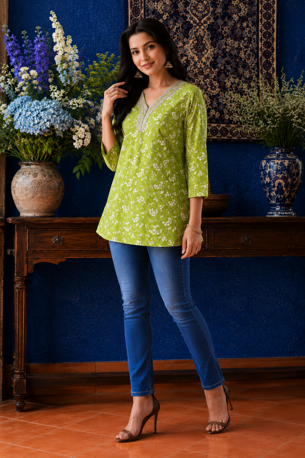 Women's Green Floral Printed Cotton Tunic Top | V-Neck Casual Kurti for Women | Office & Daily Wear Top