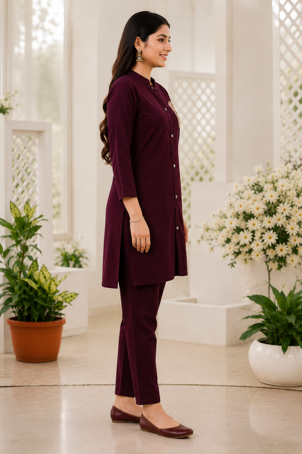 Women's Wine Straight Kurta Pant Set with Crochet Floral Patch | Premium Rayon Ethnic Co-Ord Set
