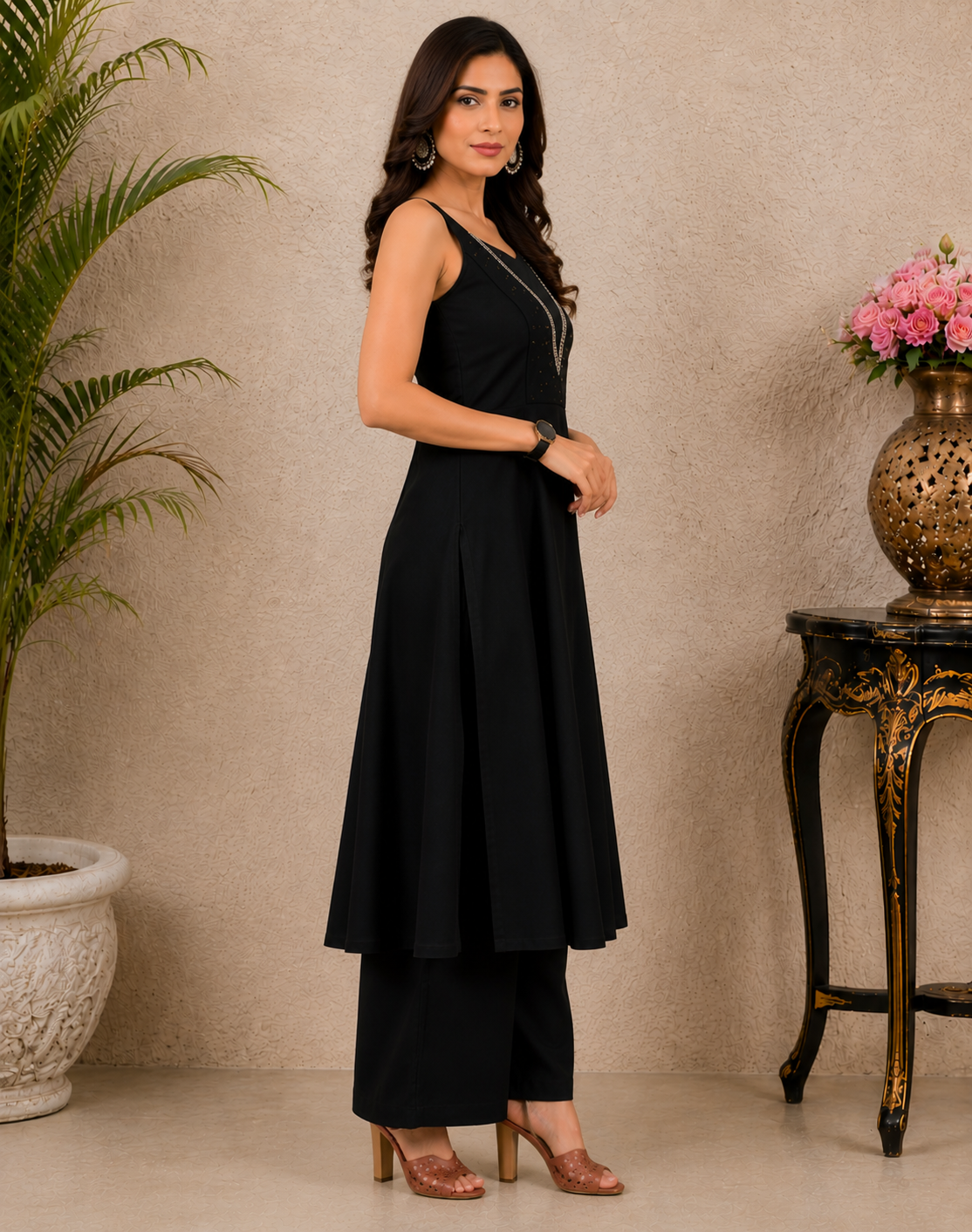 Women's Black Embroidered Kurta Palazzo Set | Sleeveless A-Line Kurta with Floral Embroidery & Palazzo Pants
