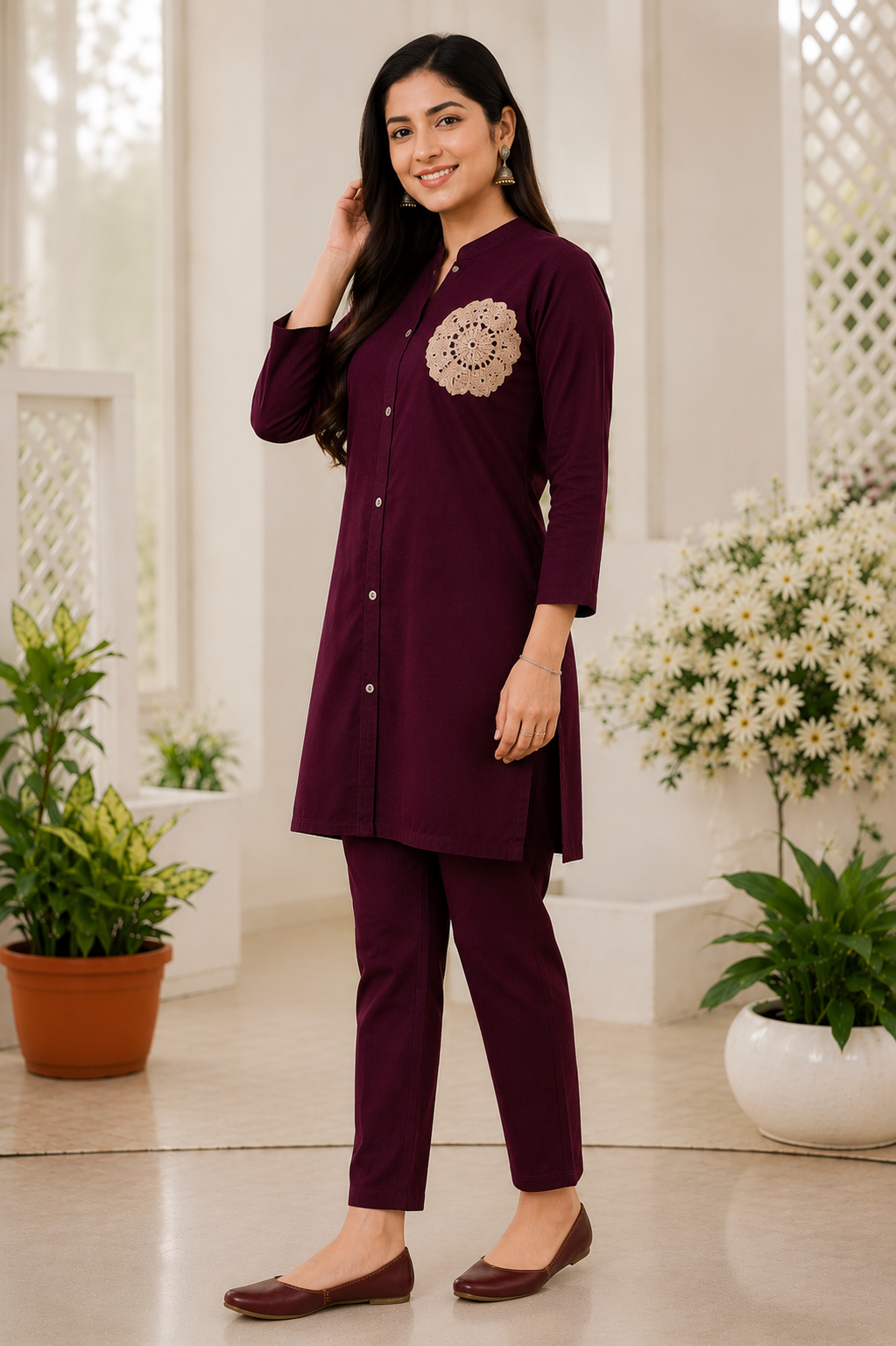 Women's Wine Straight Kurta Pant Set with Crochet Floral Patch | Premium Rayon Ethnic Co-Ord Set