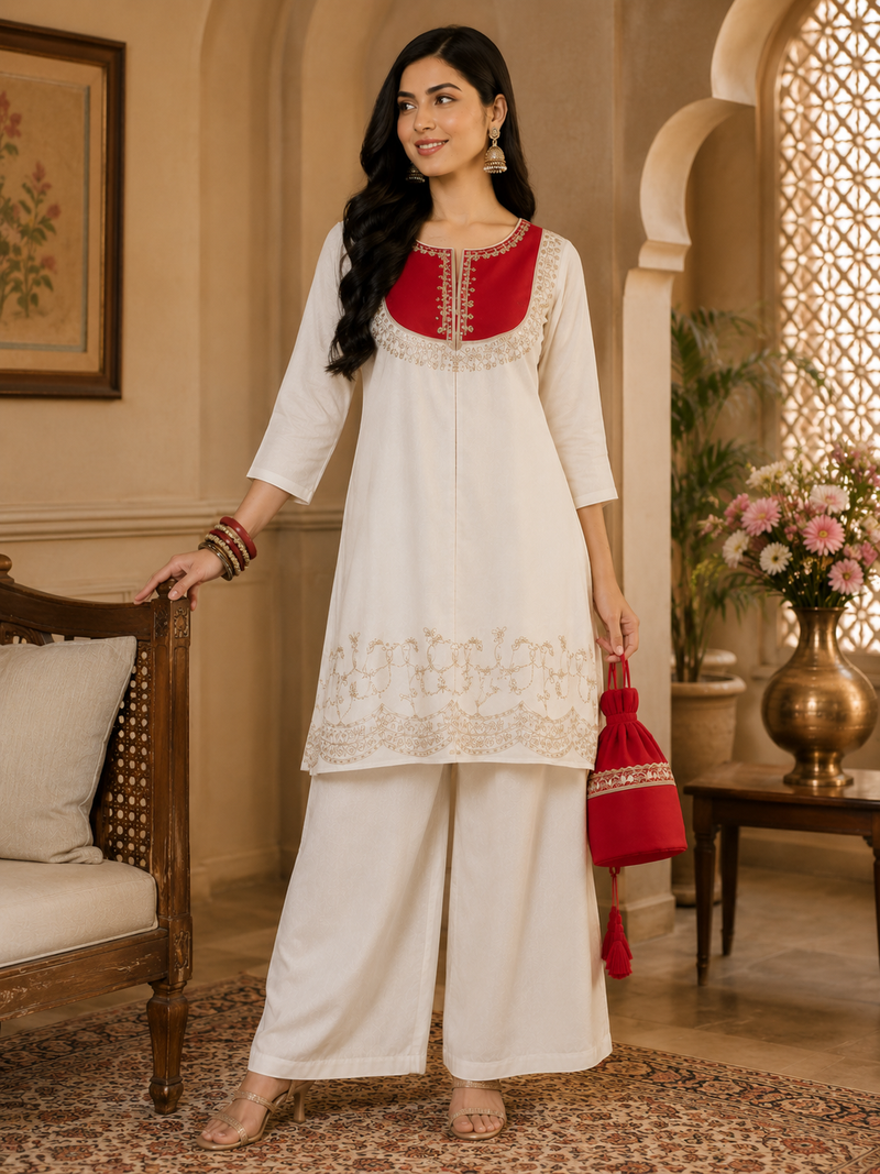 Women's White Embroidered Kurti Palazzo Set with Potli Bag | Festive Ethnic Wear for Women | Designer Co-Ord Set | Saiyaraa