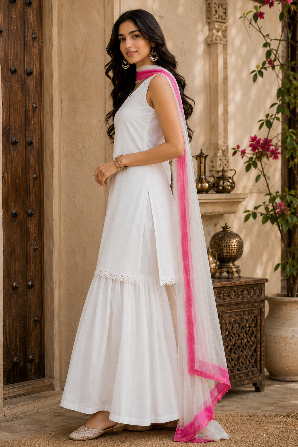 Women's White Cotton Kurta Sharara Set with Pink Organza Dupatta | Sleeveless Embroidered Kurta & Flared Sharara Set |
