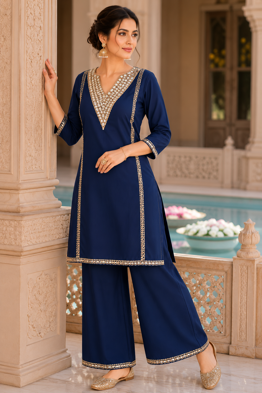 Women's Royal Blue Mirror Work Kurta Pant Set | Designer Ethnic Co-Ord Set | Festive Wear Kurta Set for Women | Saiyaraa