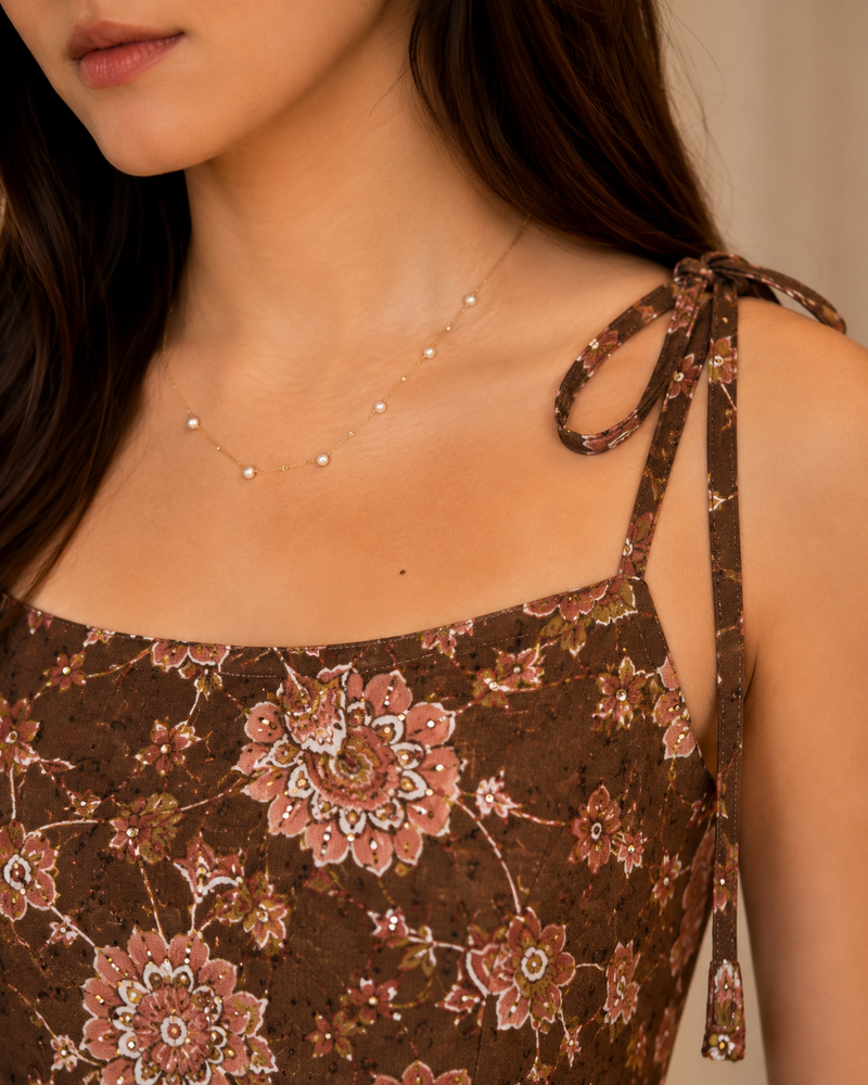 Saiyaraa Women's Brown Floral Printed Tie-Up Strap Cotton Camisole Top | Sleeveless Casual Summer Top