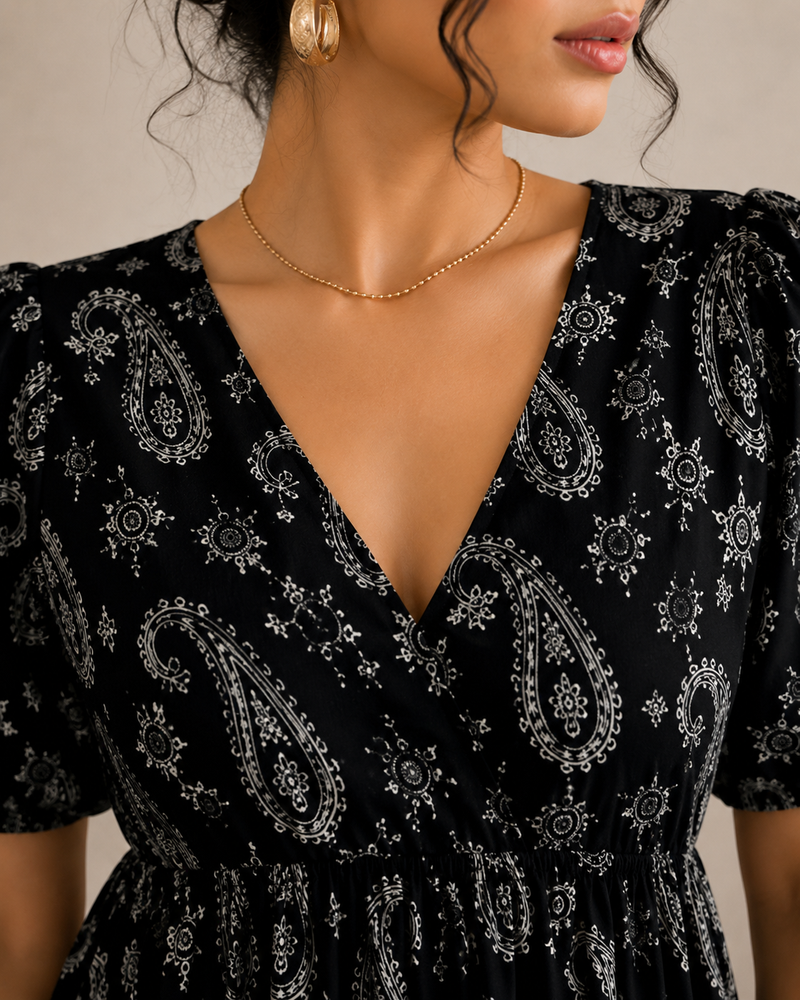 Women's Black Paisley Print Puff Sleeve Peplum Top | V-Neck Casual Babydoll Blouse