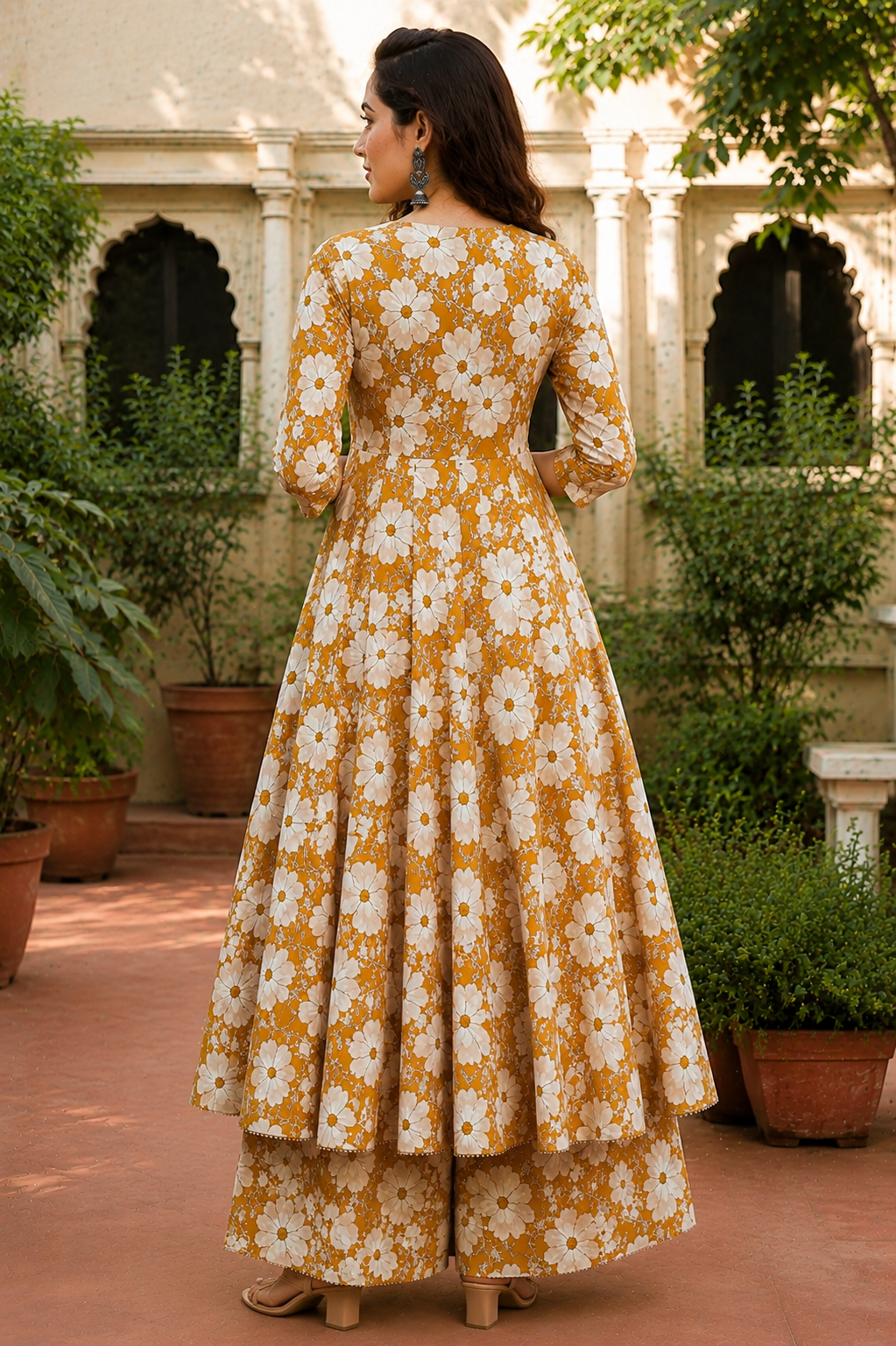 Saiyaraa Women's Mustard Floral Printed Cotton Kurti Palazzo Co-Ord Set | Designer Ethnic Wear for Women