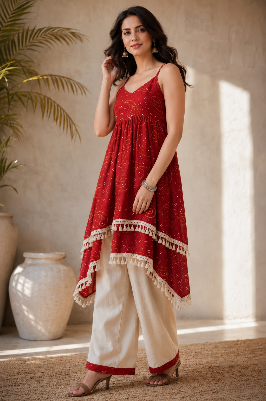 Women's Red Printed Asymmetrical Kurti Palazzo Set | Sleeveless Ethnic Co-Ord Set for Women | Casual Festive Wear | Saiyaraa
