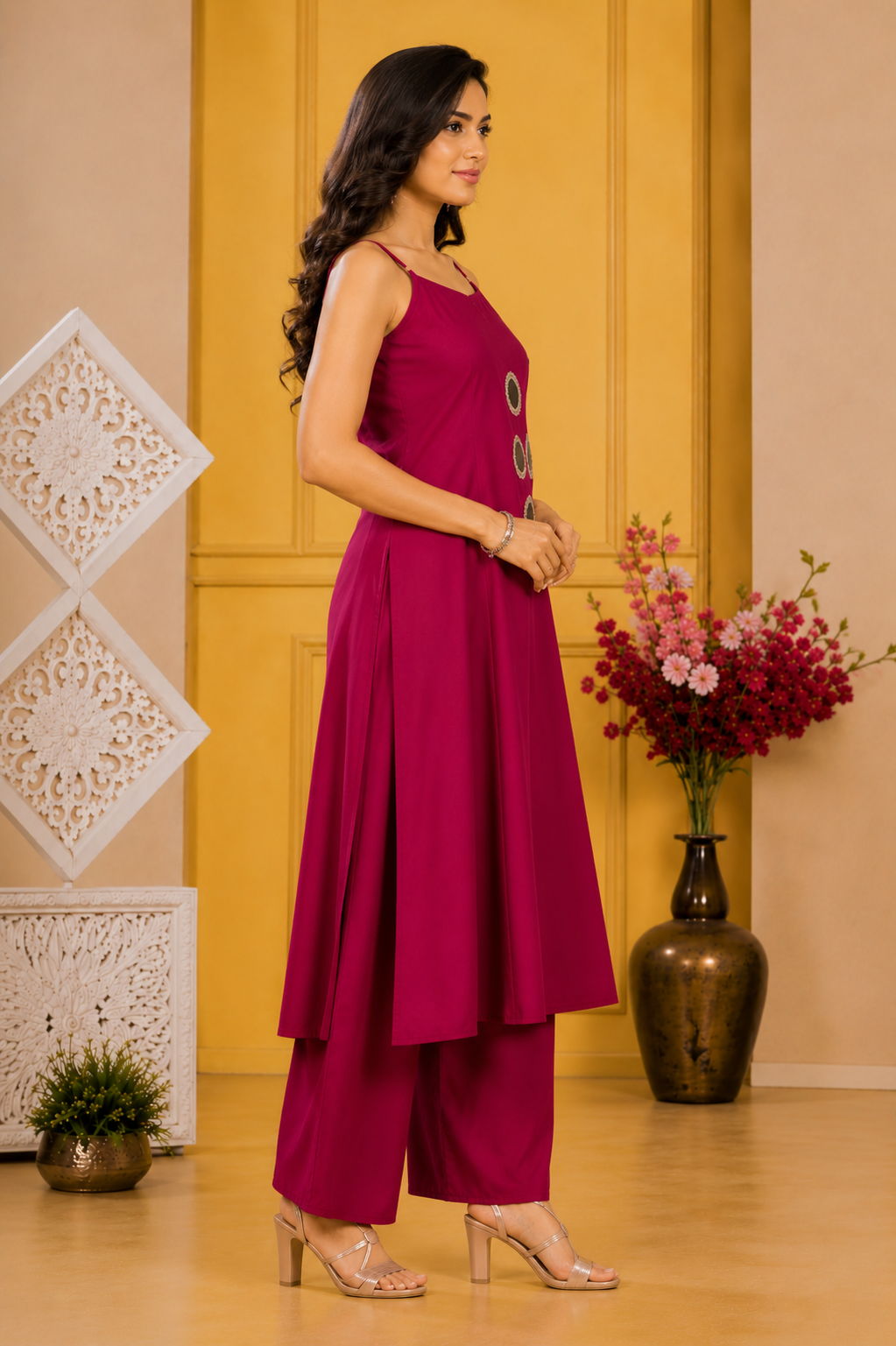 Women's Wine A-Line Kurta Palazzo Set with Mirror Work | Sleeveless Flared Kurta & Palazzo Co-Ord Set