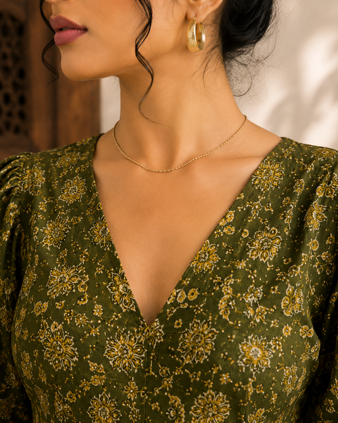 Saiyaraa Women's Olive Green Floral Printed Peplum Top | V-Neck Puff Sleeve Cotton Casual Top