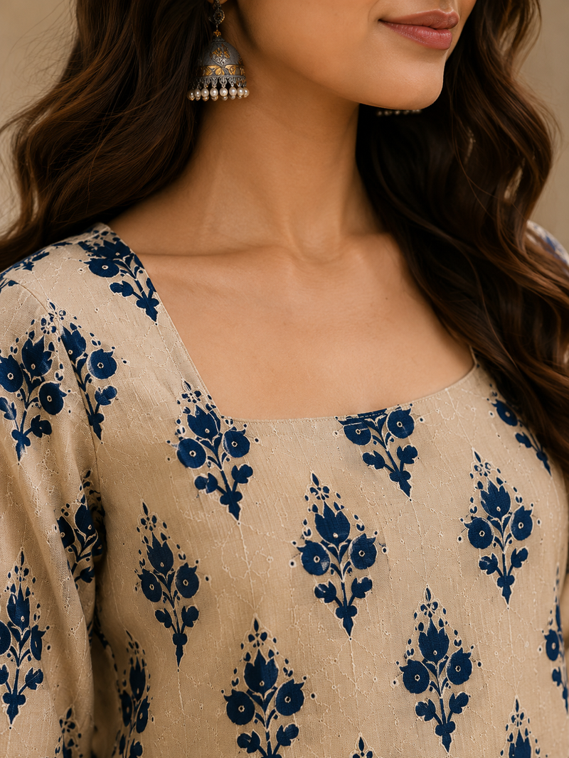Saiyaraa Women's Beige & Navy Blue Printed Cotton Co-Ord Set | Straight Kurti with Palazzo | Soft Ethnic Lounge Wear