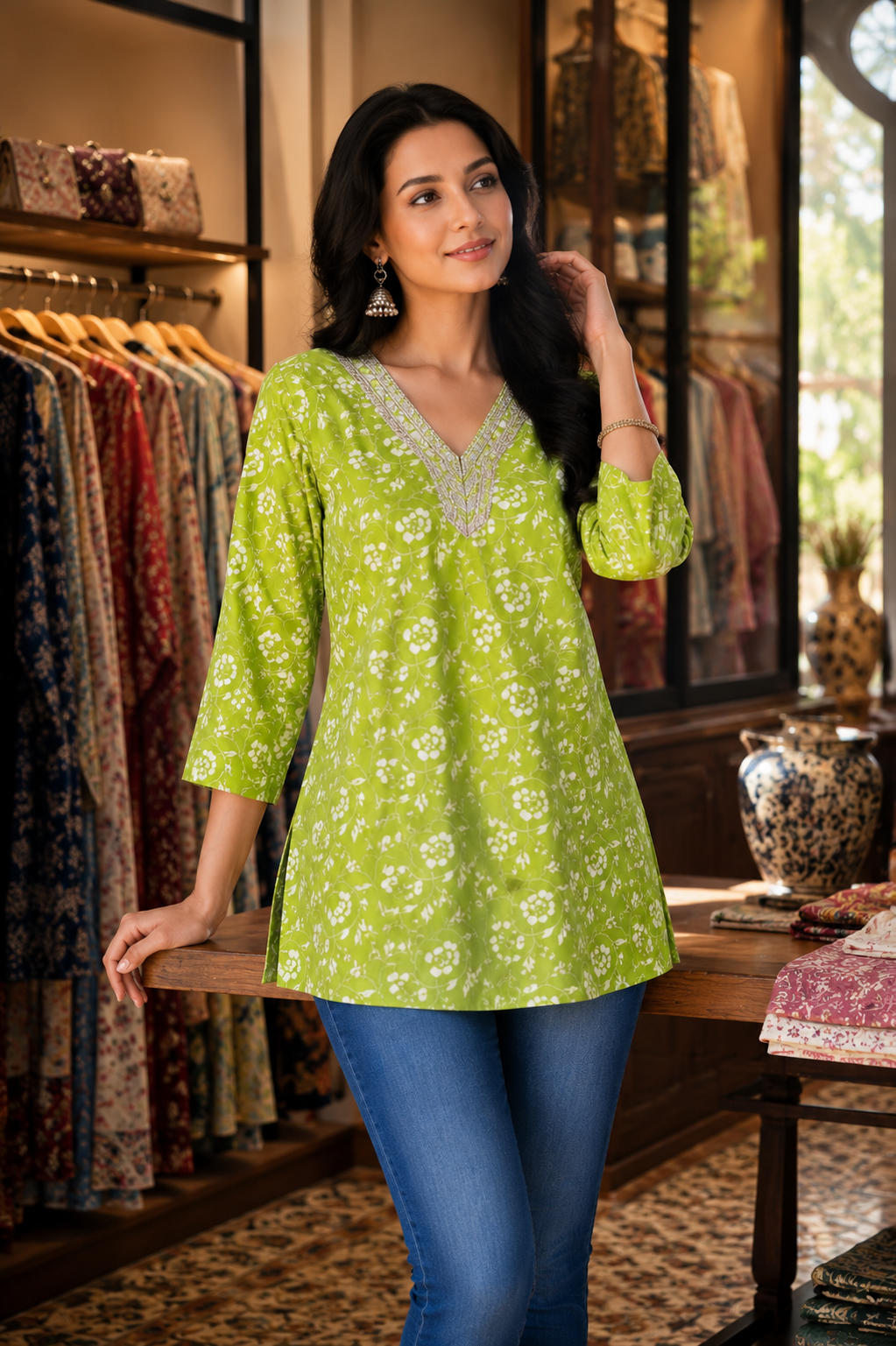 Women's Green Floral Printed Cotton Tunic Top | V-Neck Casual Kurti for Women | Office & Daily Wear Top