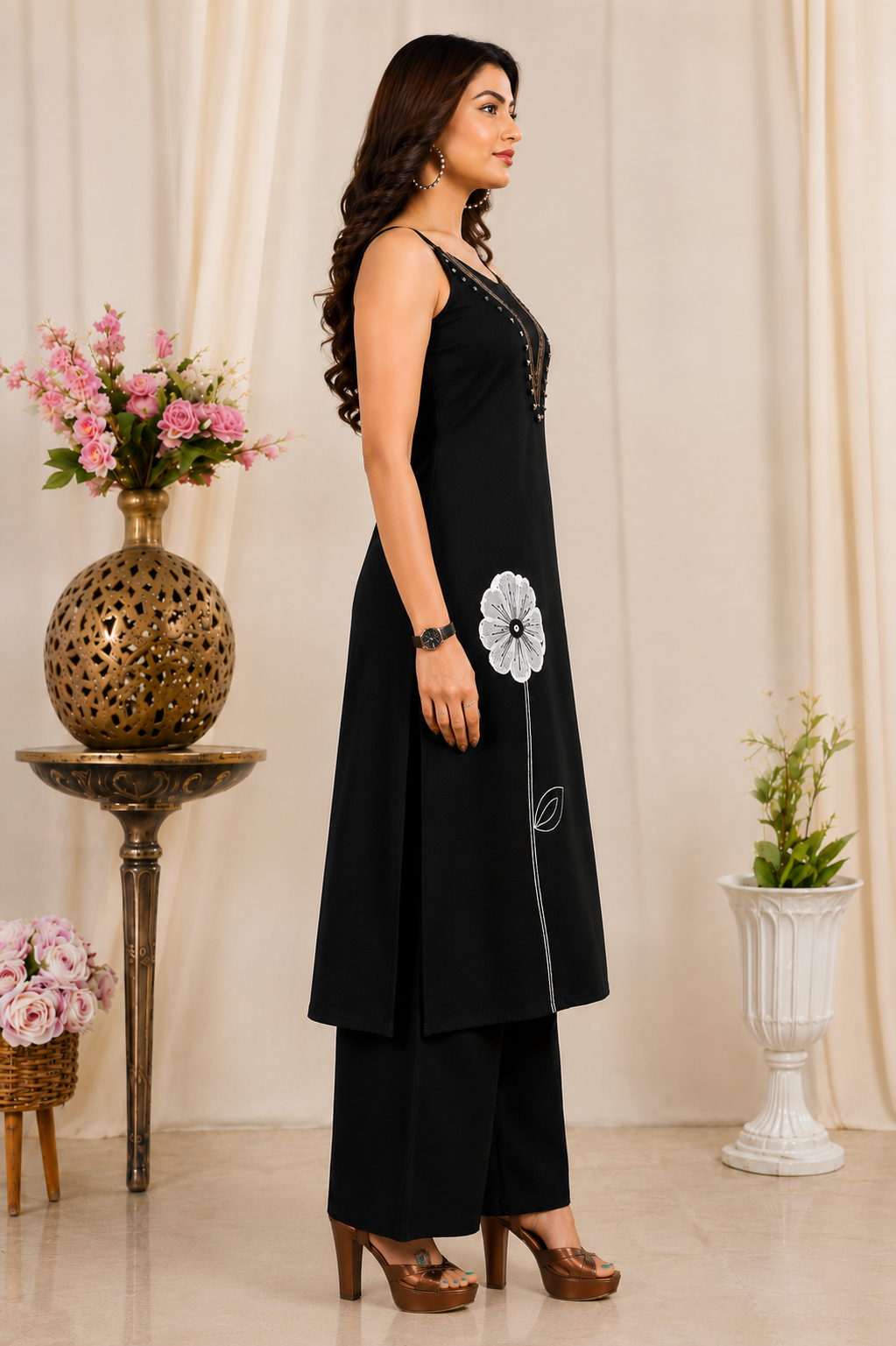 Women's Black Embroidered Kurta Palazzo Set | Sleeveless A-Line Kurta with Floral Embroidery & Palazzo Pants