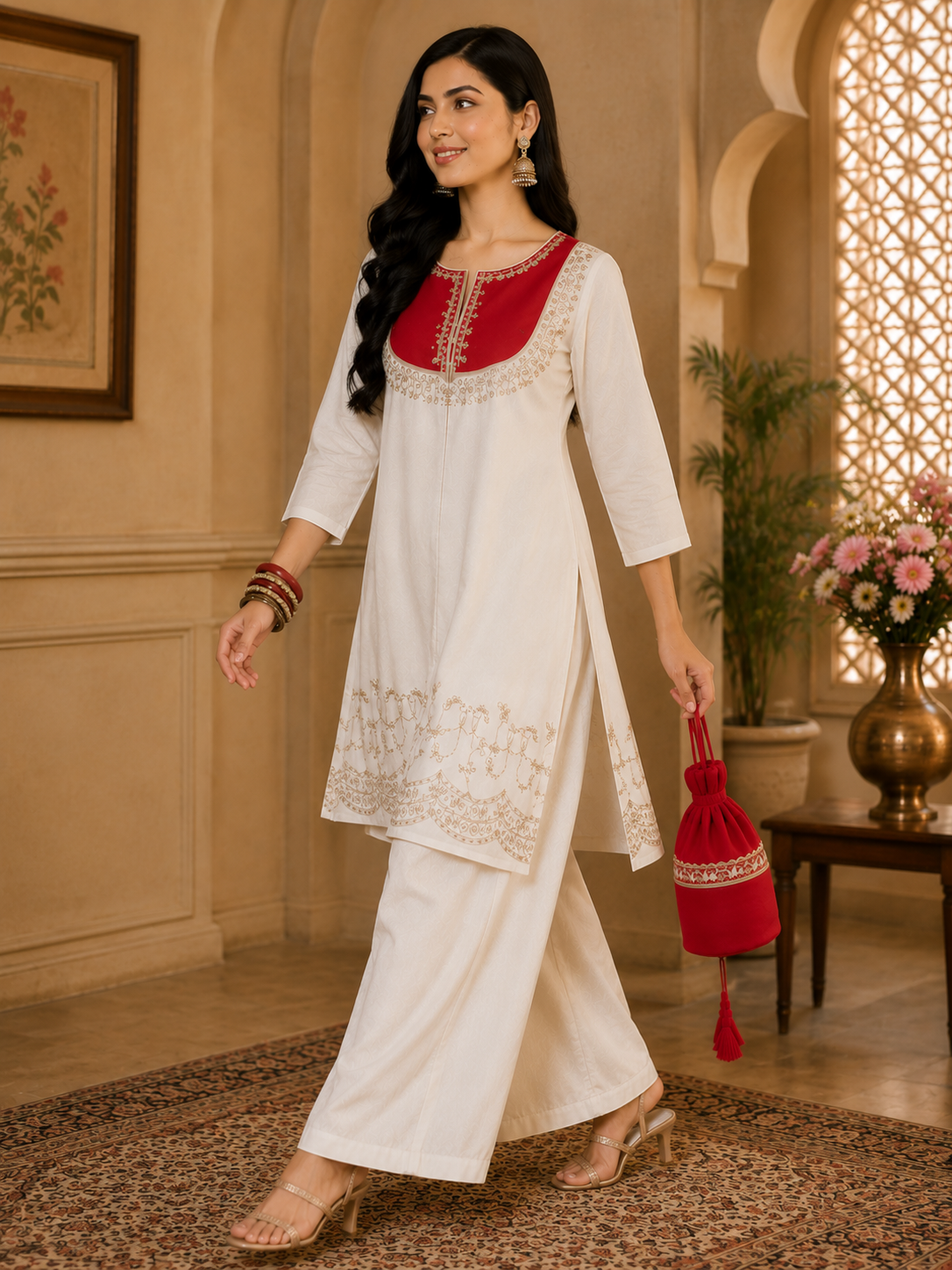 Women's White Embroidered Kurti Palazzo Set with Potli Bag | Festive Ethnic Wear for Women | Designer Co-Ord Set | Saiyaraa