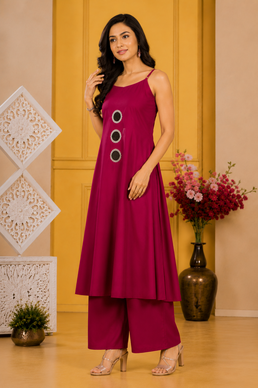 Women's Wine A-Line Kurta Palazzo Set with Mirror Work | Sleeveless Flared Kurta & Palazzo Co-Ord Set