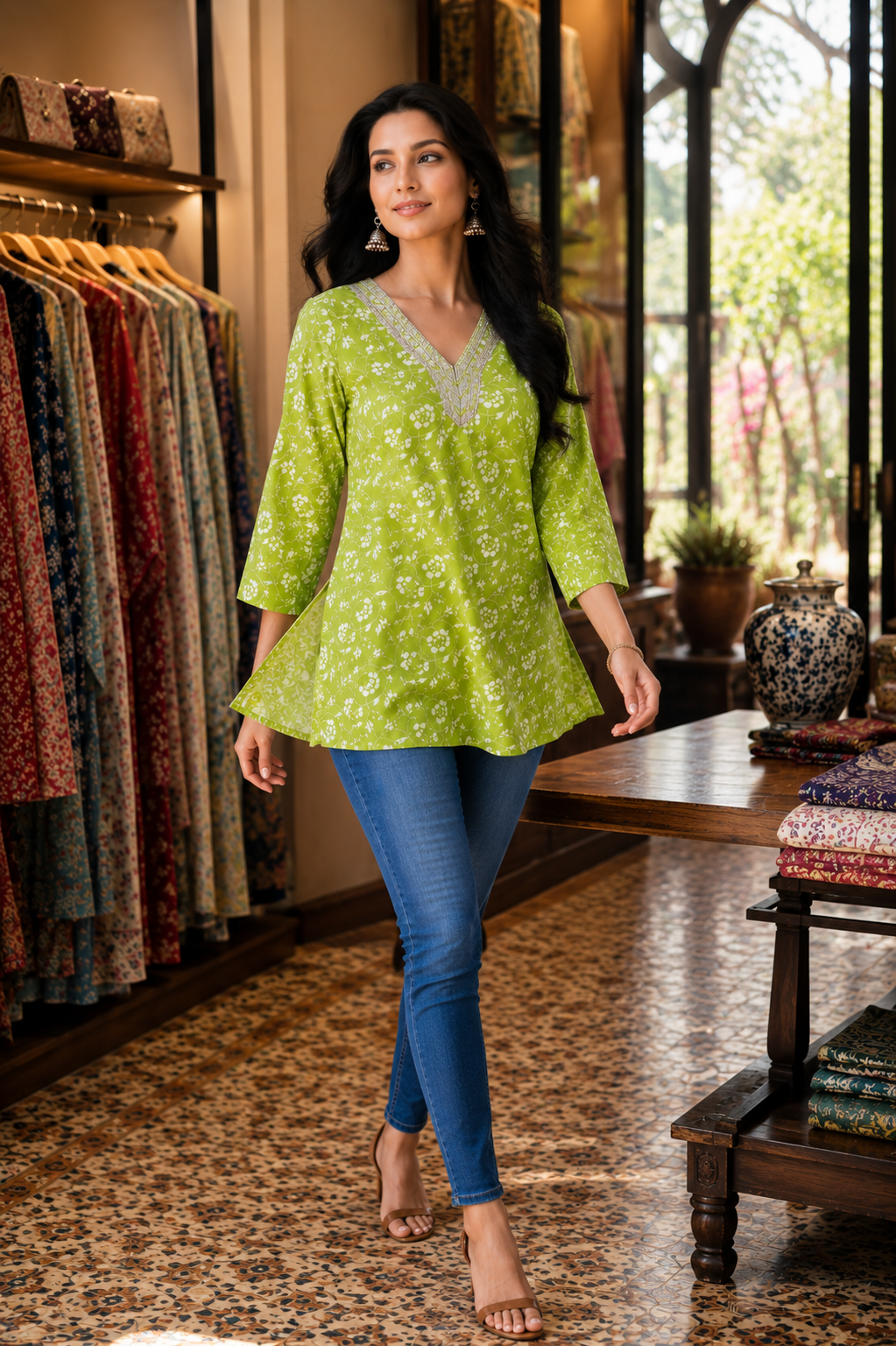 Women's Green Floral Printed Cotton Tunic Top | V-Neck Casual Kurti for Women | Office & Daily Wear Top