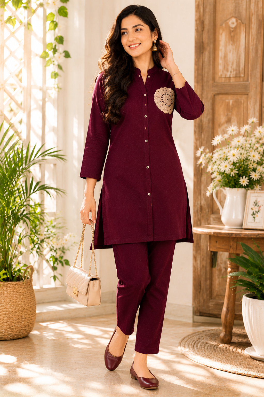 Women's Wine Straight Kurta Pant Set with Crochet Floral Patch | Premium Rayon Ethnic Co-Ord Set