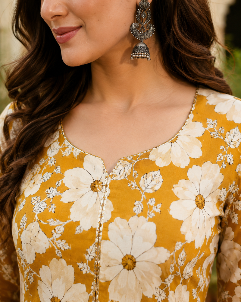 Saiyaraa Women's Mustard Floral Printed Cotton Kurti Palazzo Co-Ord Set | Designer Ethnic Wear for Women