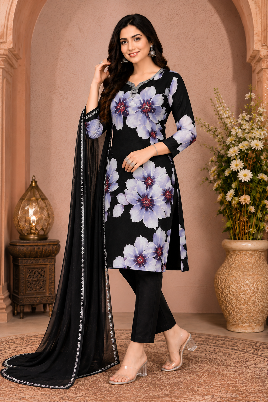 Women's Black Floral Printed Kurta Pant Set with Dupatta | Elegant Straight Kurta & Trouser Set