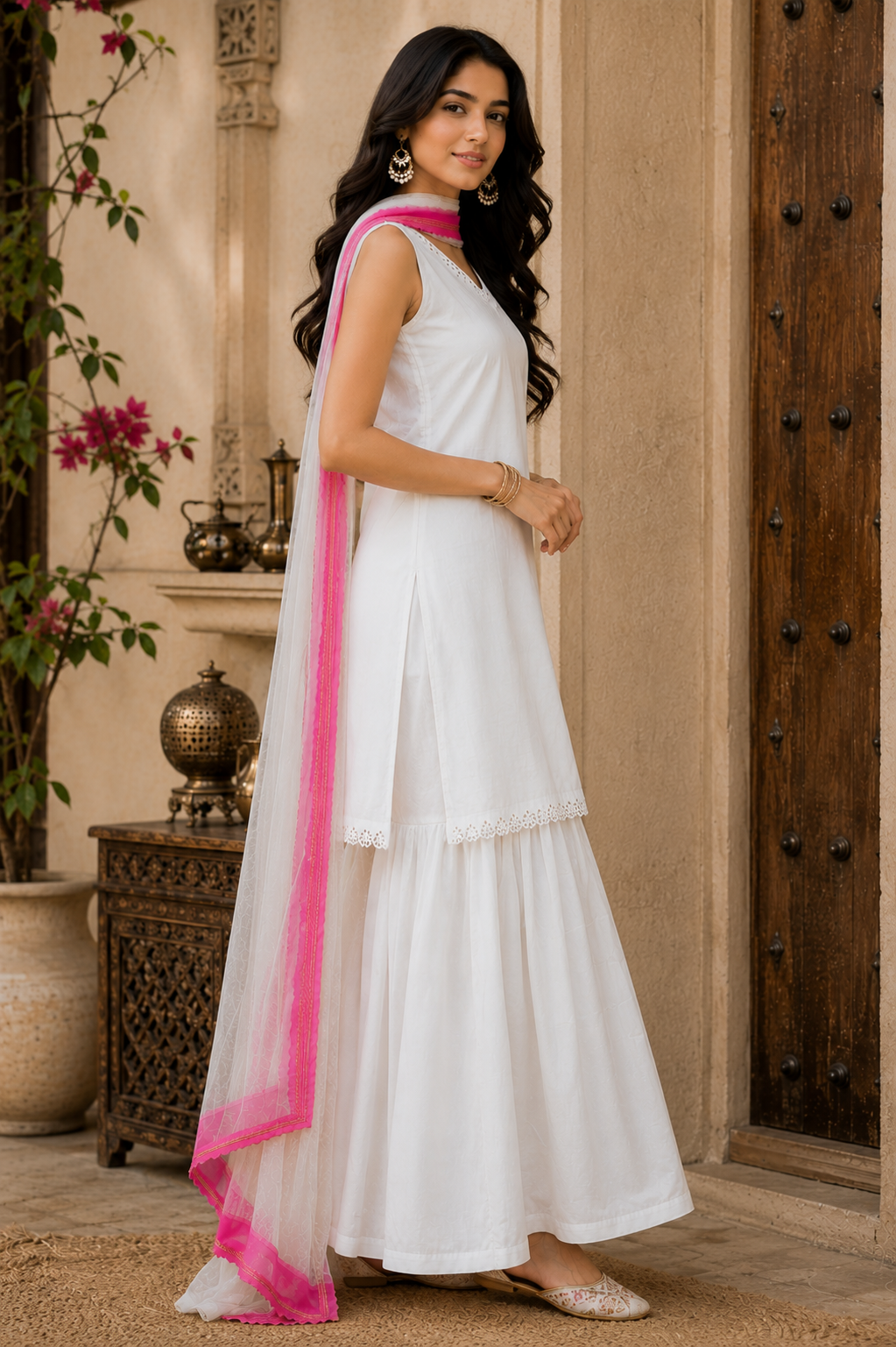 Women's White Cotton Kurta Sharara Set with Pink Organza Dupatta | Sleeveless Embroidered Kurta & Flared Sharara Set |