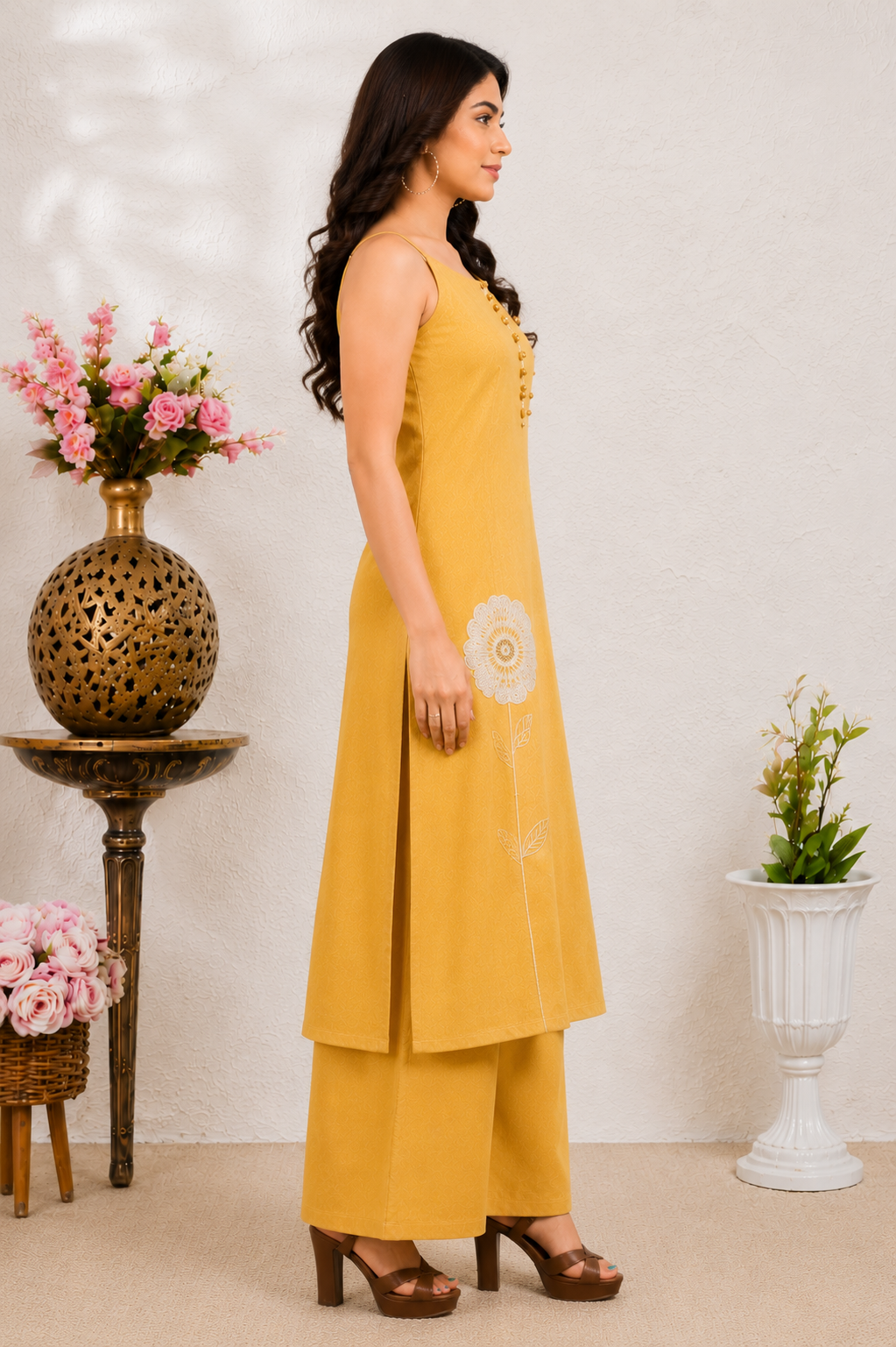 Women's Mustard Yellow Embroidered Kurta Palazzo Set | Sleeveless A-Line Kurta with Floral Embroidery