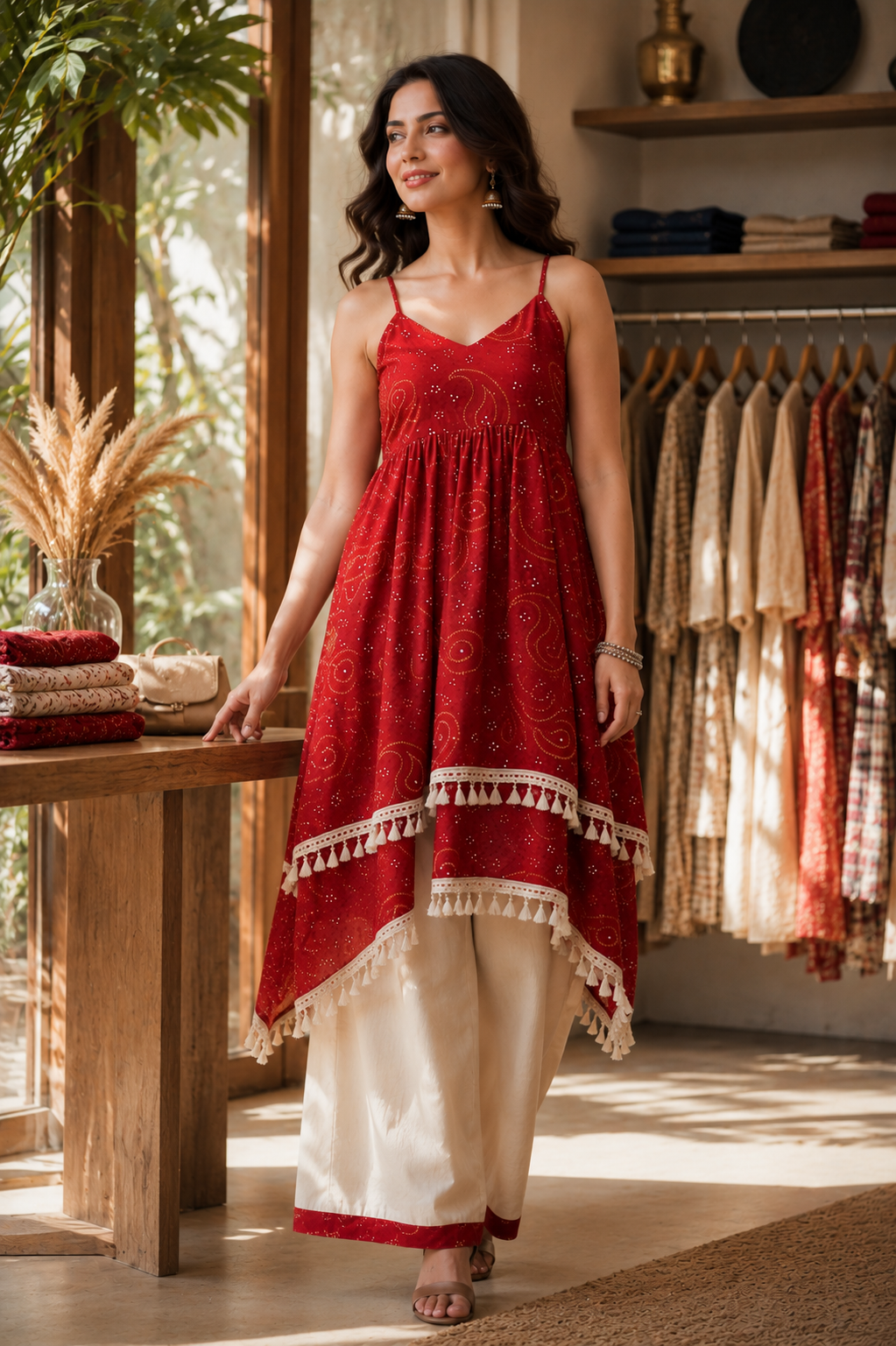 Women's Red Printed Asymmetrical Kurti Palazzo Set | Sleeveless Ethnic Co-Ord Set for Women | Casual Festive Wear | Saiyaraa