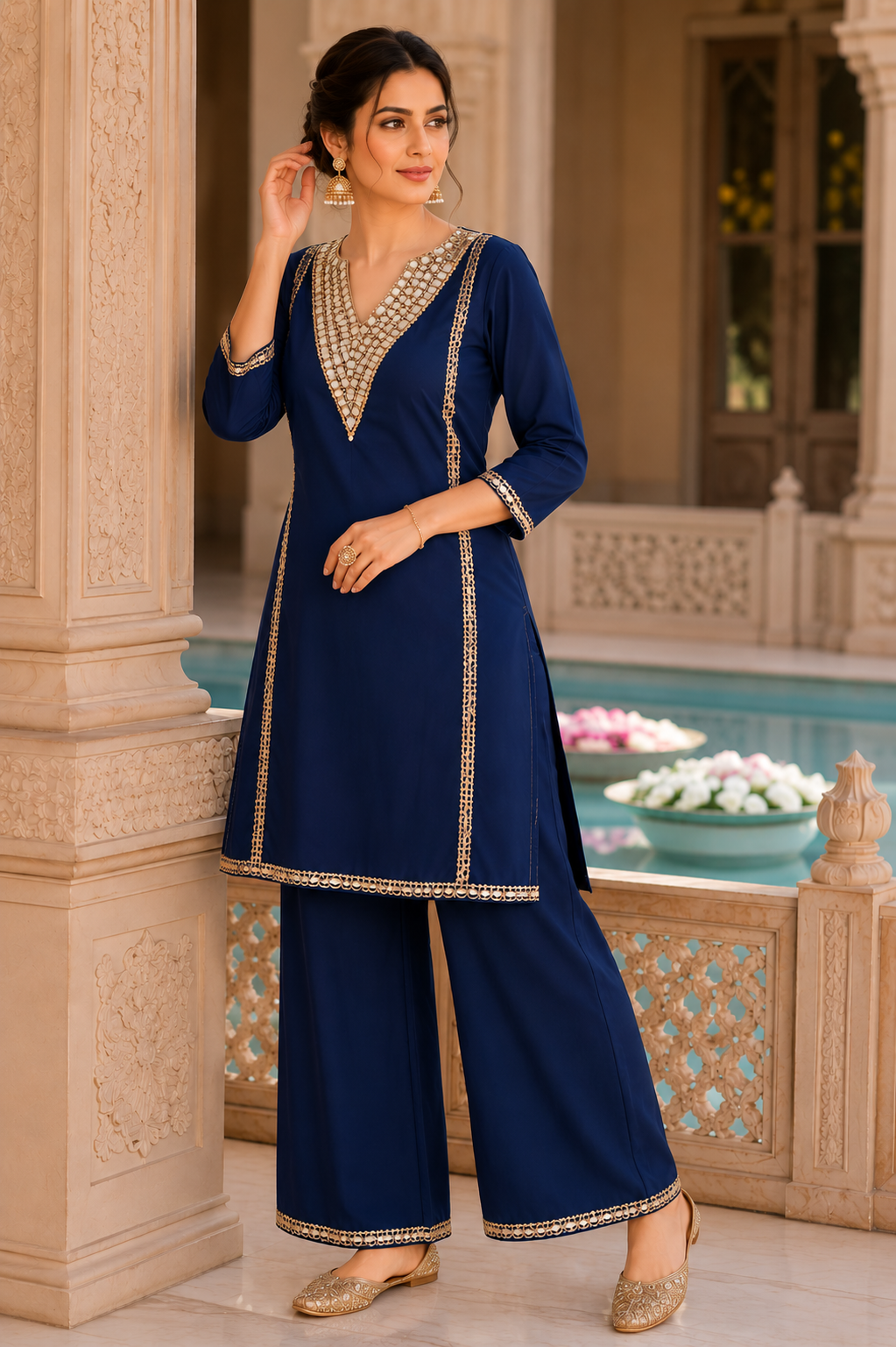 Women's Royal Blue Mirror Work Kurta Pant Set | Designer Ethnic Co-Ord Set | Festive Wear Kurta Set for Women | Saiyaraa