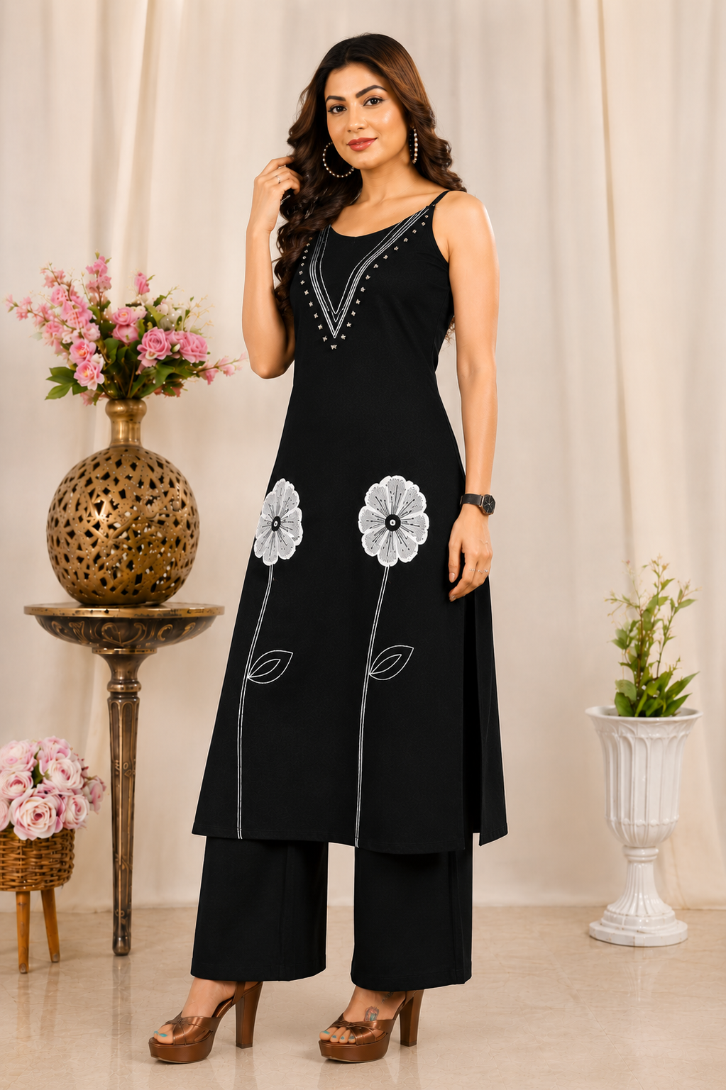 Women's Black Embroidered Kurta Palazzo Set | Sleeveless A-Line Kurta with Floral Embroidery & Palazzo Pants