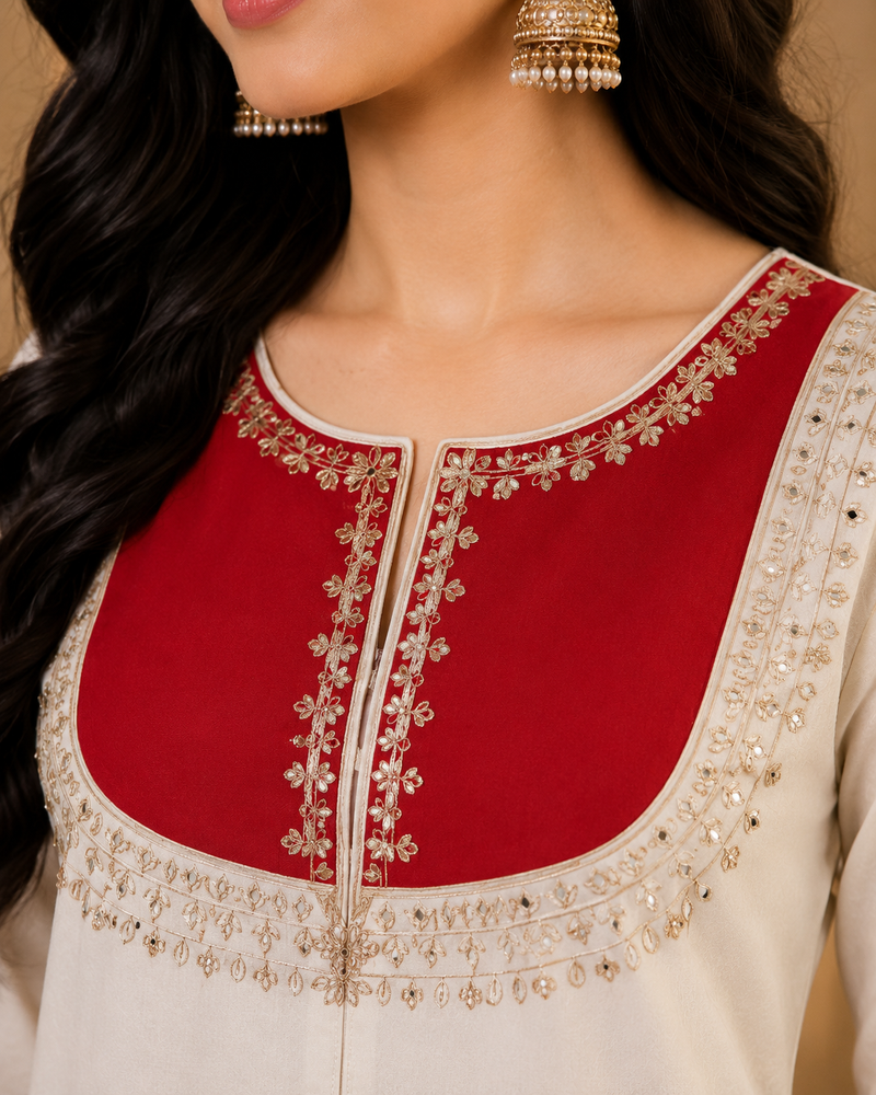 Women's White Embroidered Kurti Palazzo Set with Potli Bag | Festive Ethnic Wear for Women | Designer Co-Ord Set | Saiyaraa