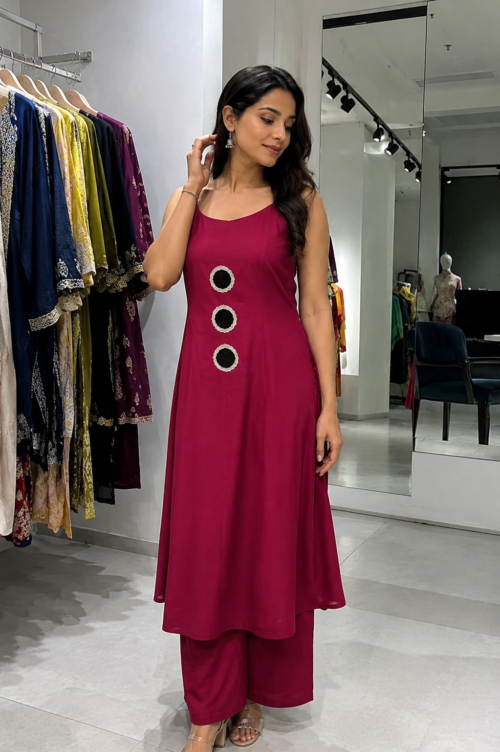 Women's Wine A-Line Kurta Palazzo Set with Mirror Work | Sleeveless Flared Kurta & Palazzo Co-Ord Set