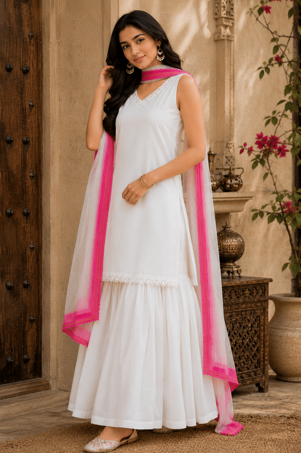 Women's White Cotton Kurta Sharara Set with Pink Organza Dupatta | Sleeveless Embroidered Kurta & Flared Sharara Set |