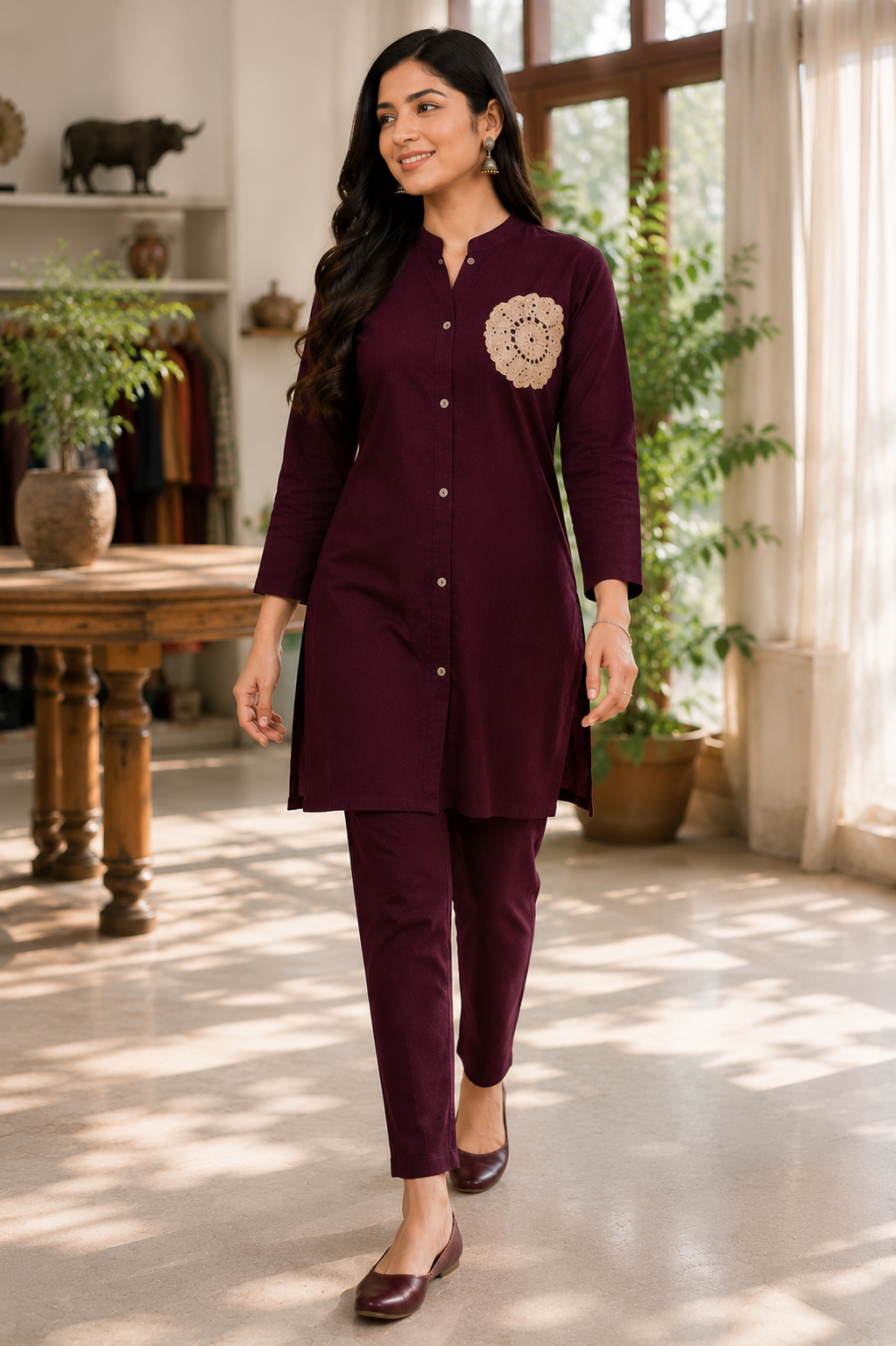 Women's Wine Straight Kurta Pant Set with Crochet Floral Patch | Premium Rayon Ethnic Co-Ord Set
