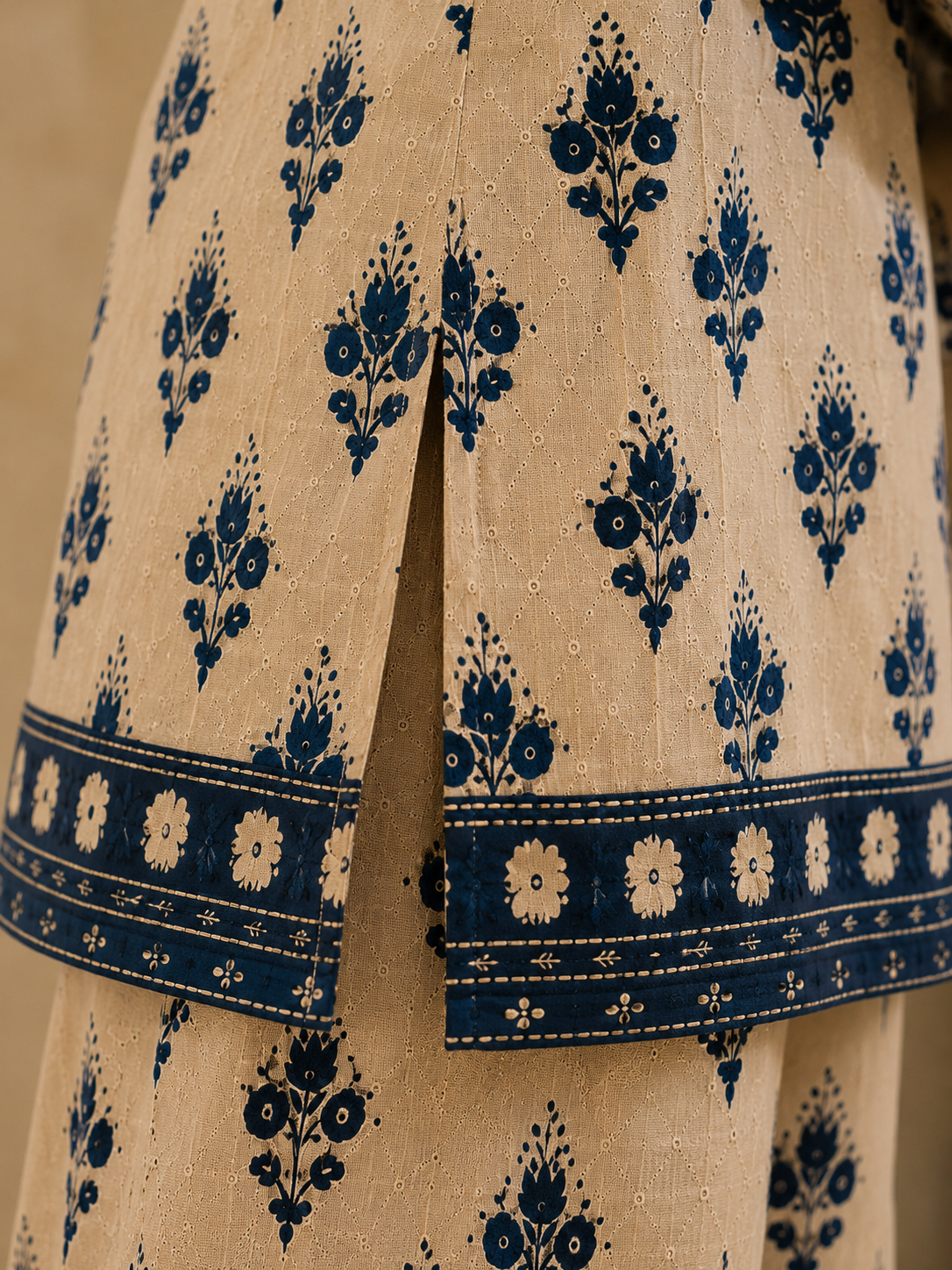 Saiyaraa Women's Beige & Navy Blue Printed Cotton Co-Ord Set | Straight Kurti with Palazzo | Soft Ethnic Lounge Wear