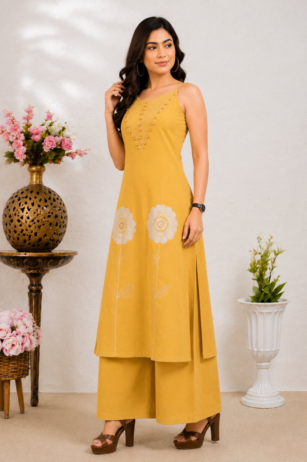 Women's Mustard Yellow Embroidered Kurta Palazzo Set | Sleeveless A-Line Kurta with Floral Embroidery
