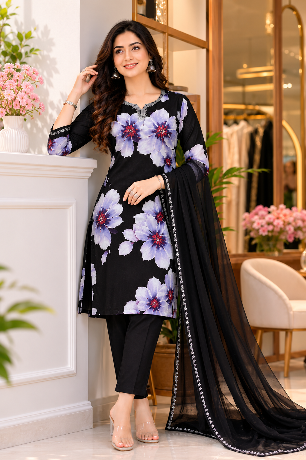Women's Black Floral Printed Kurta Pant Set with Dupatta | Elegant Straight Kurta & Trouser Set