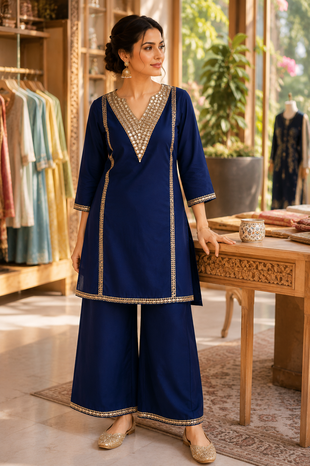 Women's Royal Blue Mirror Work Kurta Pant Set | Designer Ethnic Co-Ord Set | Festive Wear Kurta Set for Women | Saiyaraa