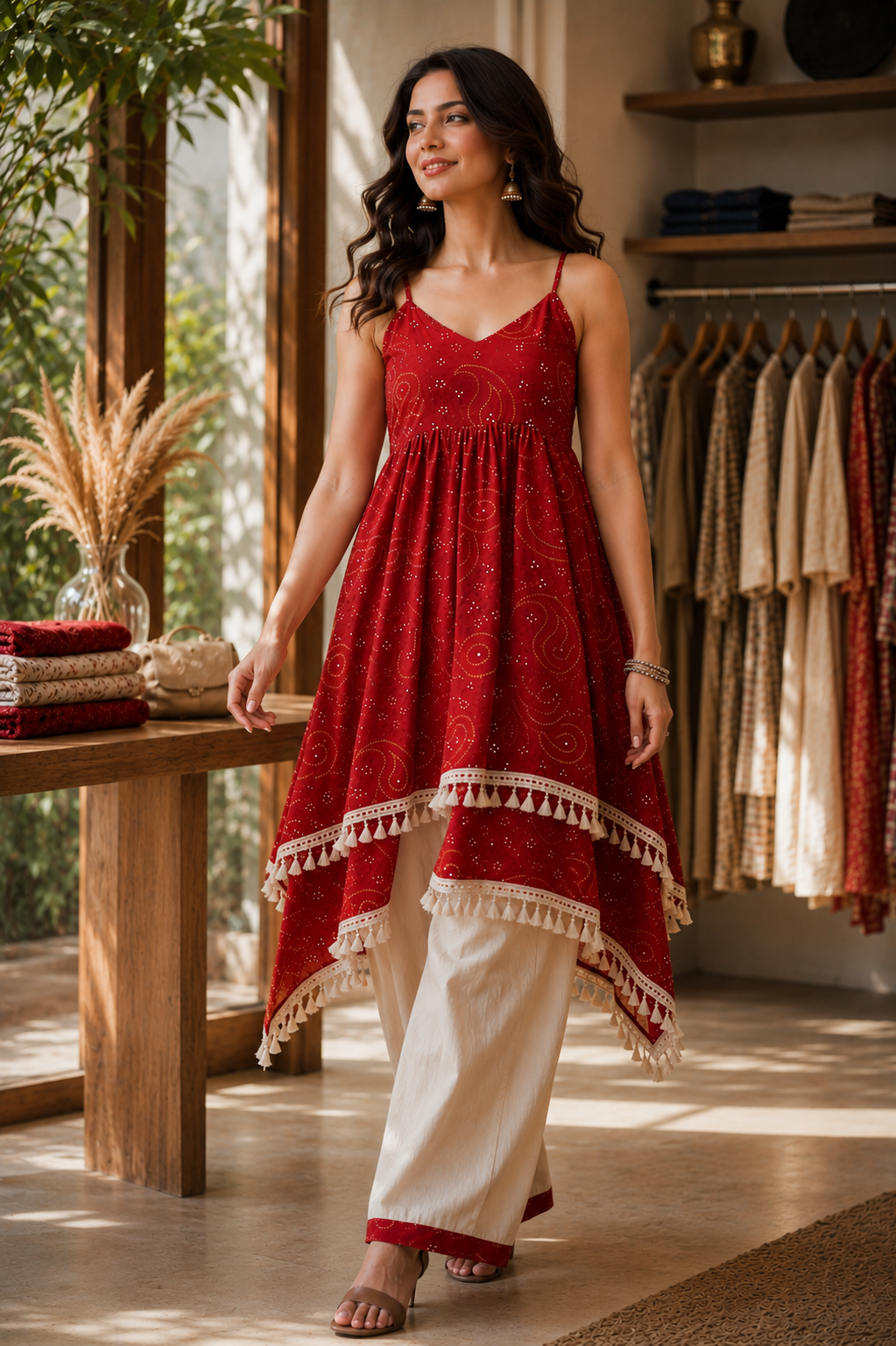 Women's Red Printed Asymmetrical Kurti Palazzo Set | Sleeveless Ethnic Co-Ord Set for Women | Casual Festive Wear | Saiyaraa