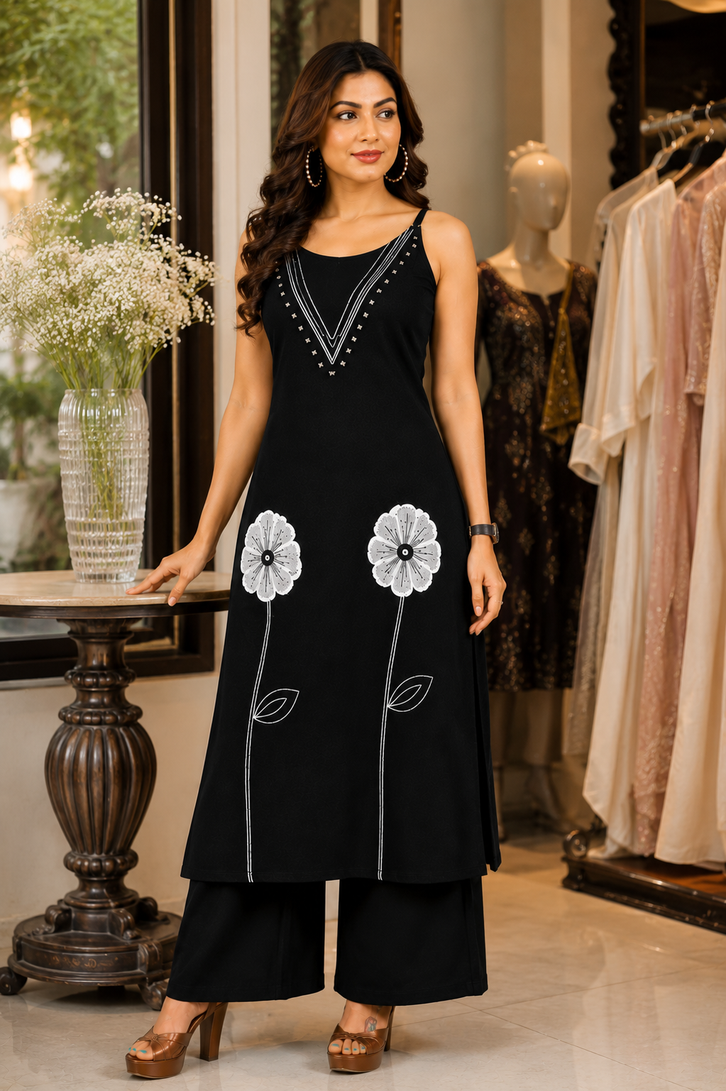 Women's Black Embroidered Kurta Palazzo Set | Sleeveless A-Line Kurta with Floral Embroidery & Palazzo Pants