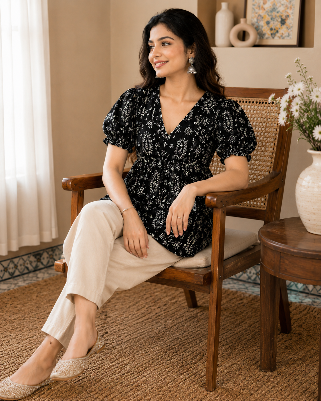 Women's Black Paisley Print Puff Sleeve Peplum Top | V-Neck Casual Babydoll Blouse