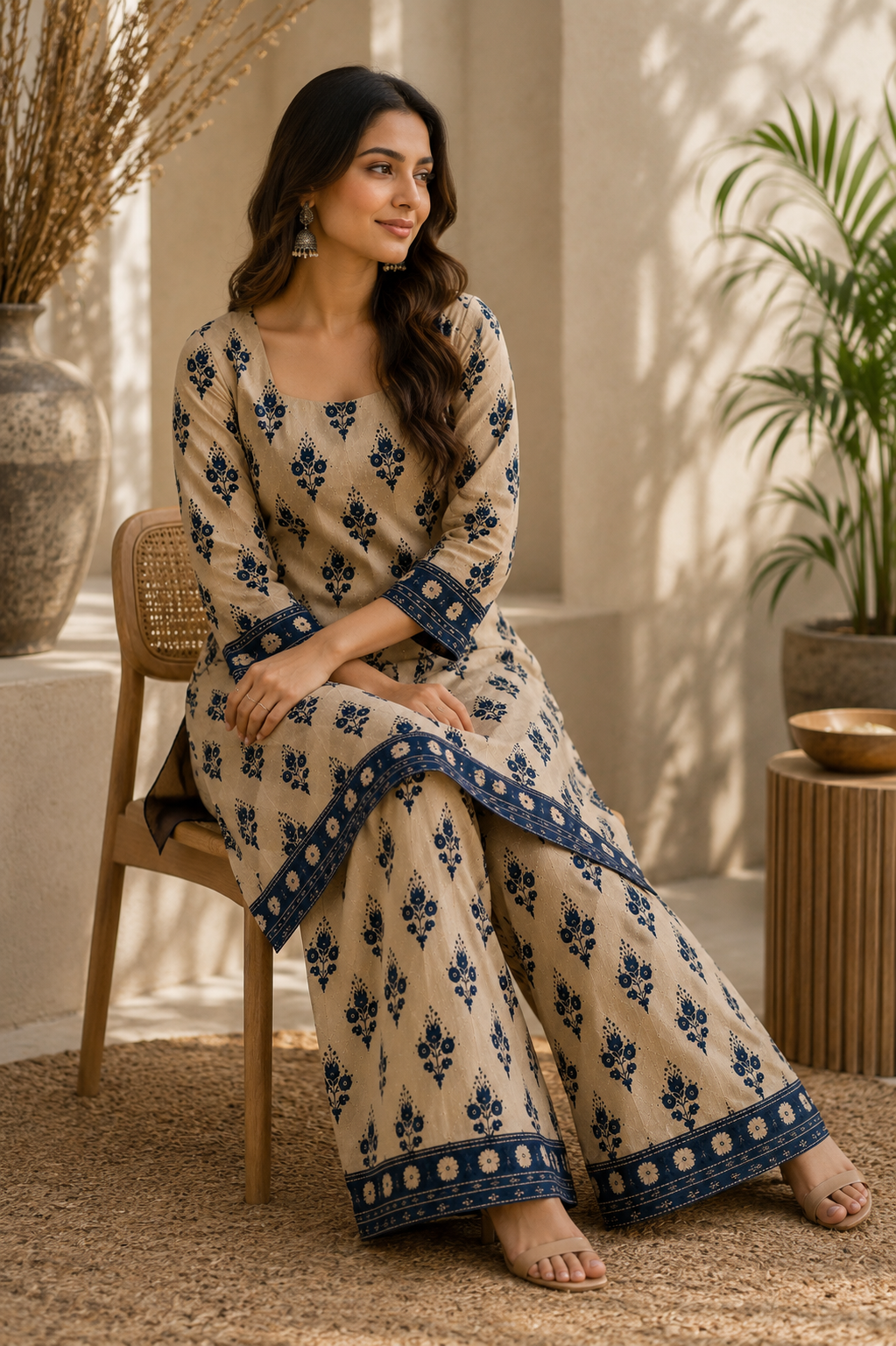 Saiyaraa Women's Beige & Navy Blue Printed Cotton Co-Ord Set | Straight Kurti with Palazzo | Soft Ethnic Lounge Wear