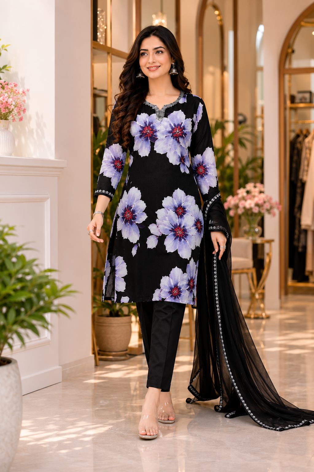 Women's Black Floral Printed Kurta Pant Set with Dupatta | Elegant Straight Kurta & Trouser Set