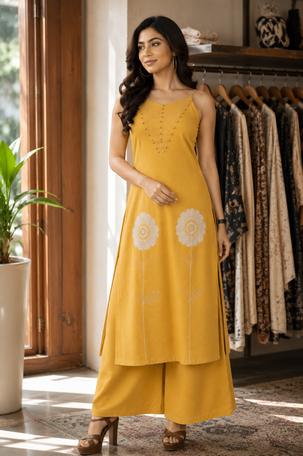 Women's Mustard Yellow Embroidered Kurta Palazzo Set | Sleeveless A-Line Kurta with Floral Embroidery