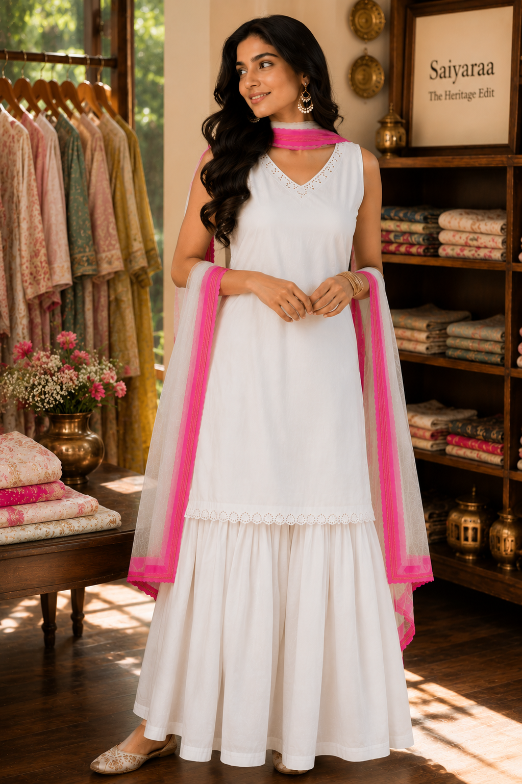 Women's White Cotton Kurta Sharara Set with Pink Organza Dupatta | Sleeveless Embroidered Kurta & Flared Sharara Set |