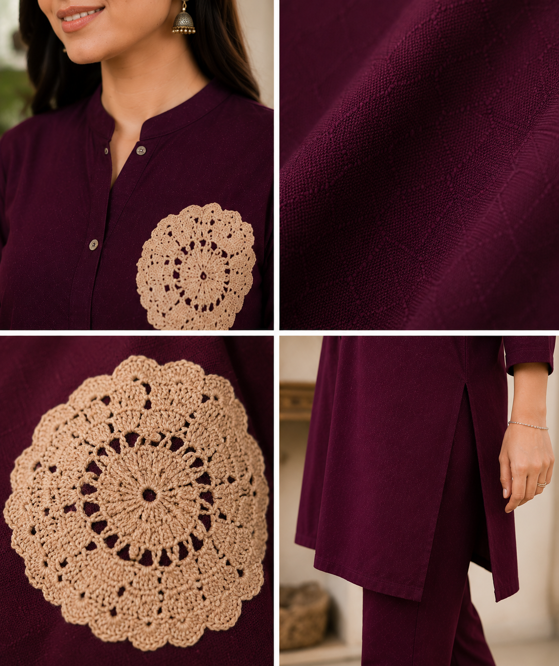 Women's Wine Straight Kurta Pant Set with Crochet Floral Patch | Premium Rayon Ethnic Co-Ord Set