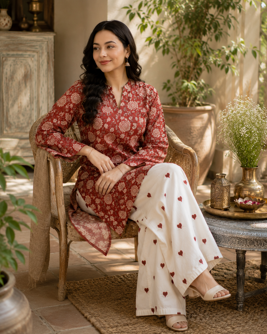 Saiyaraa Women's Red Floral Printed Cotton Kurta Set with Palazzo & Dupatta | Casual Ethnic Suit Set