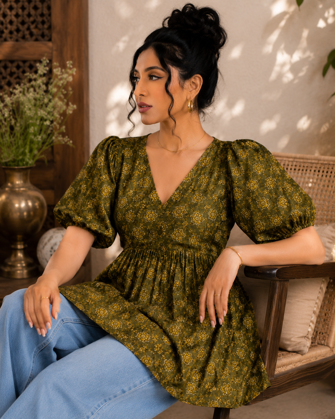 Saiyaraa Women's Olive Green Floral Printed Peplum Top | V-Neck Puff Sleeve Cotton Casual Top