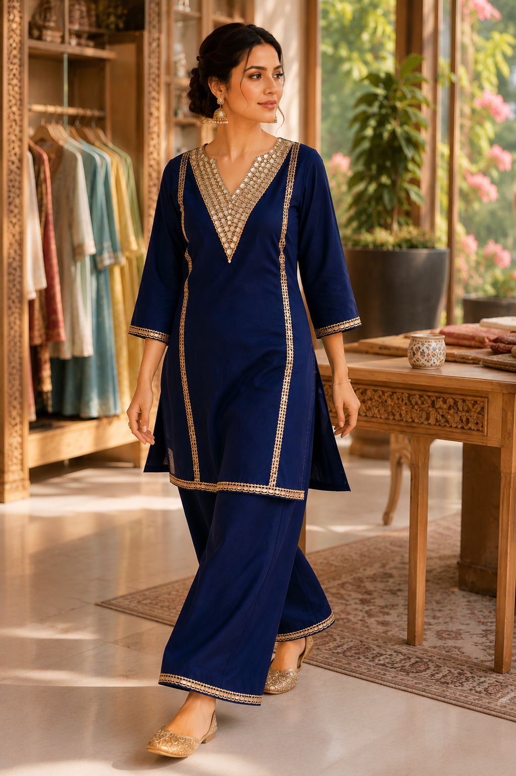 Women's Royal Blue Mirror Work Kurta Pant Set | Designer Ethnic Co-Ord Set | Festive Wear Kurta Set for Women | Saiyaraa